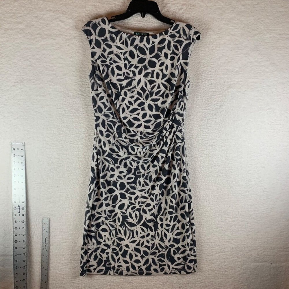 Lauren Ralph Lauren Women's Sleeveless Ruched Floral Navy White Dress Sz 10 8473
